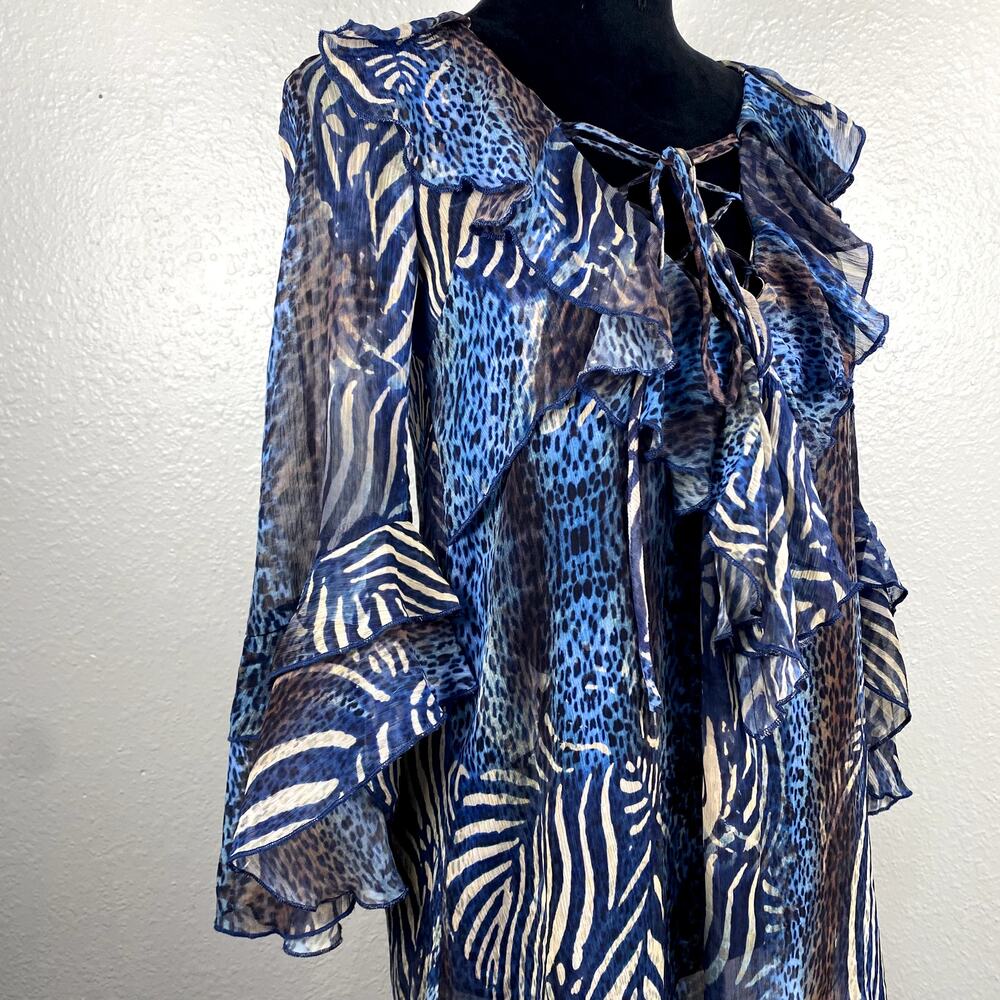 Metric Animal Print Whimsigoth Avant Garde LaceUp Boho Ruffle Flowy Blouse Dress - Picture 7 of 14